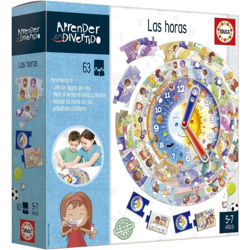 Juego para aprender las horas de Educa Contenido: reloj de cartón, 64 piezas e instrucciones. Edad 5-7 años