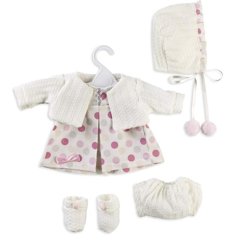 Conjunto Vestido para Muñeca de 42 cm blanco con lunares de Berbesa con gorro, rebeca, patucos