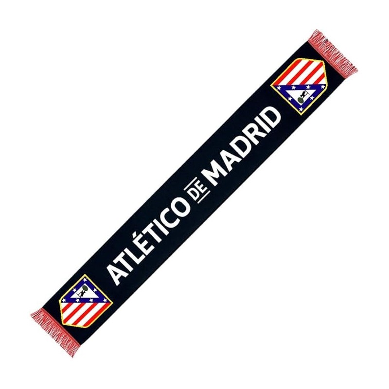 Bufanda Club Atlético de Madrid fondo negro escudos color laterales tamaño 150x20cm producto oficial.
