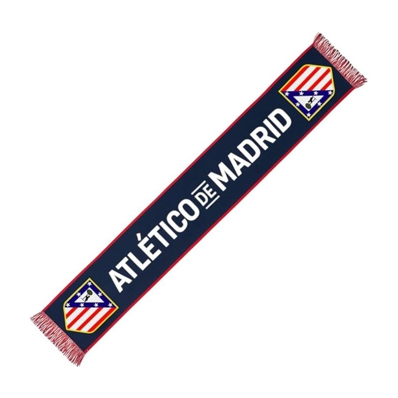 Bufanda Club Atlético de Madrid fondo azul escudos color laterales tamaño 150x20cm producto oficial.