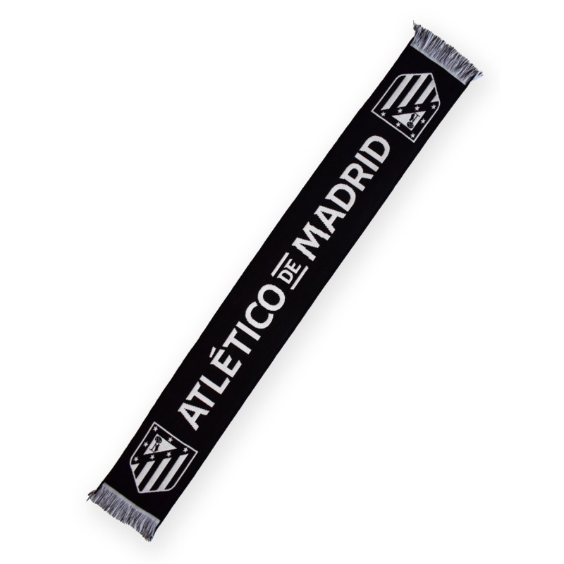 Bufanda Club Atlético de Madrid fondo negro escudos blancos laterales tamaño 150x20cm producto oficial.