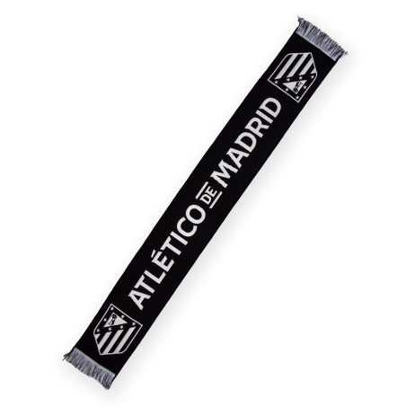 Bufanda Club Atlético de Madrid fondo negro escudos blancos laterales tamaño 150x20cm producto oficial.