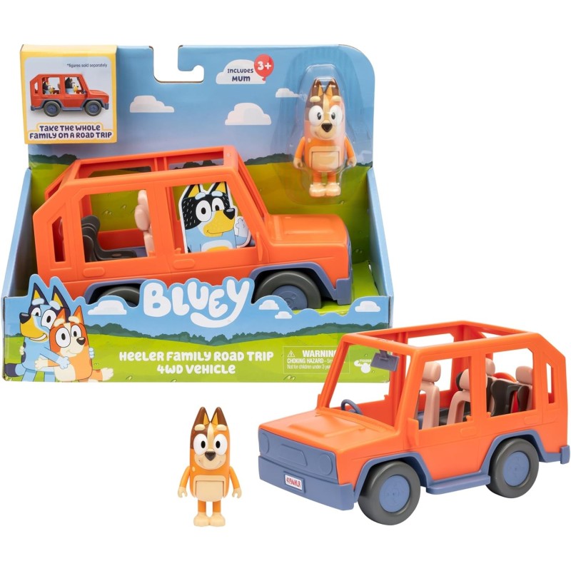 Bluey Todoterreno de los Heeler para Viajes por Carretera, Incluye una Figura articulada de Chilli, con Techo Abierto edad +3 añ