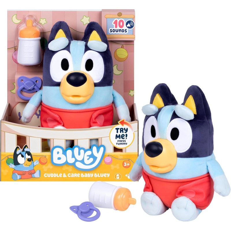 Bluey Bebé mimos y cuidados, 28 cm con 10 Sonidos de bebé Diferentes, 2 Accesorios y pañal extraíble