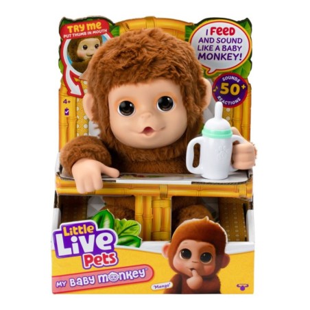 Little Live Pets My Baby Monkey más de 50 Sonidos y reacciones. con su expresiva Boca, Come y se Chupa el Dedo.