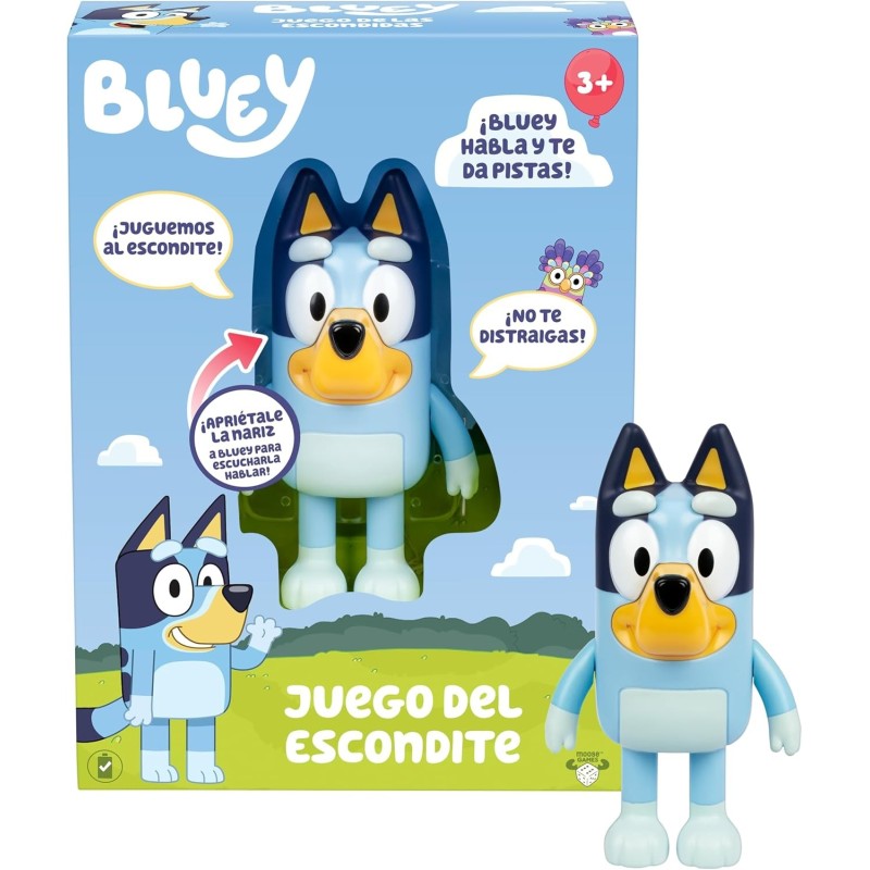 Juego del escondite Bluey, esconde a Bluey y apriétale la Nariz para reiniciar la Cuenta edad +3 años