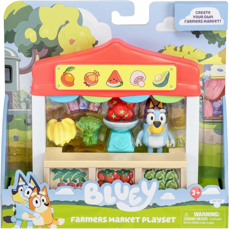 Bluey Set de Juego del Mercado de Frutas y Verduras, Incluye una Figura articulada edad +3 años