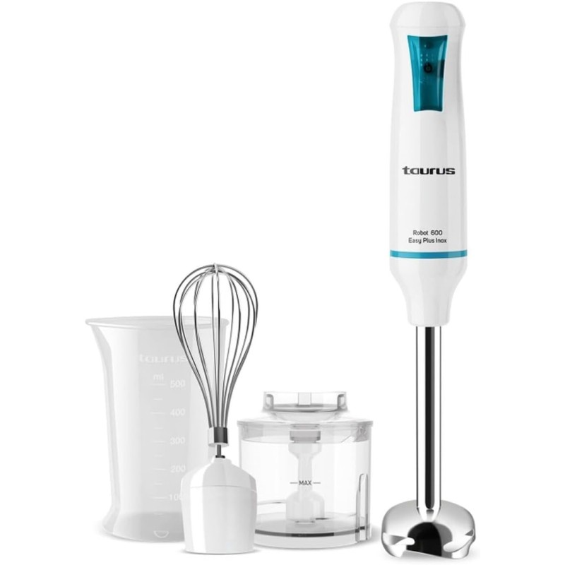 Batidora Taurus Robot 600W Easy Plus Inox, cuchillas de acero Turbo, vaso medidos varilla emulsionadora y picador