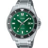 Reloj CASIO MDV-107D-3A2 de Pulsera Analógico para Hombre correa acero plateada esfera verde con calendario y bisel  negro