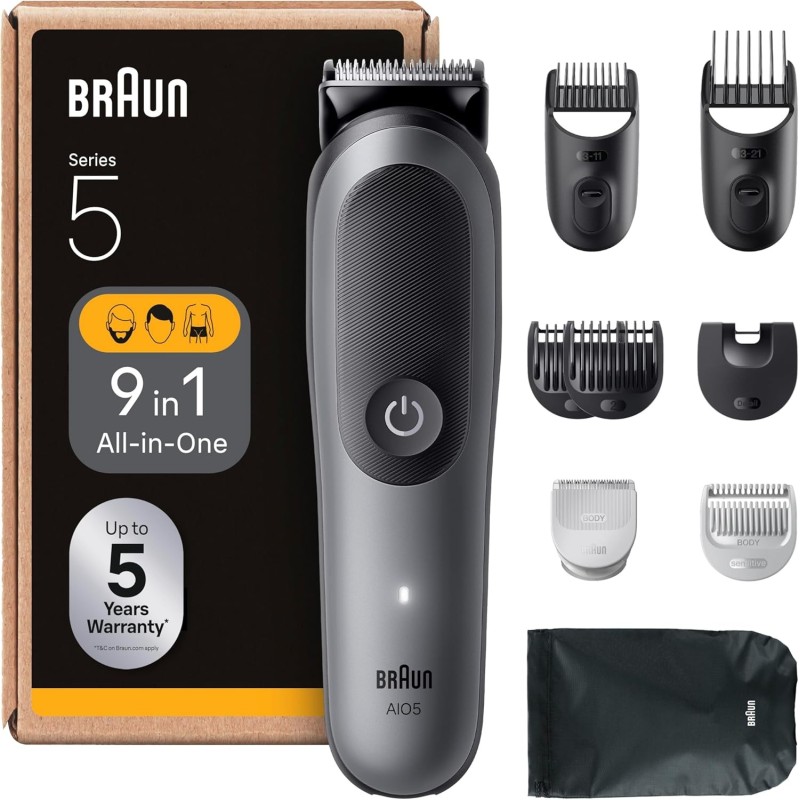 Braun Recortadora Todo En Uno Series 5, AIO5545, 9en1 Barba, Pelo, Orejas, Nariz y Cuerpo, 120 Min, Cortapelos Hombre Con