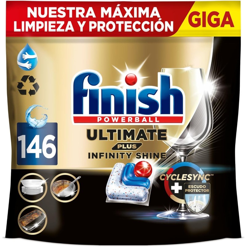 Finish Ultimate Plus Infinity Shine, Pastillas para el Lavavajillas, limpieza y brillo intensivos, y protección del cristal, 146