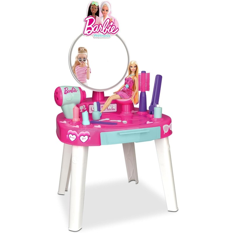 Barbie Tocador con luz y sonido con 12 accesorios, edad +3 años no incluye muñeca. 30x11x40cm