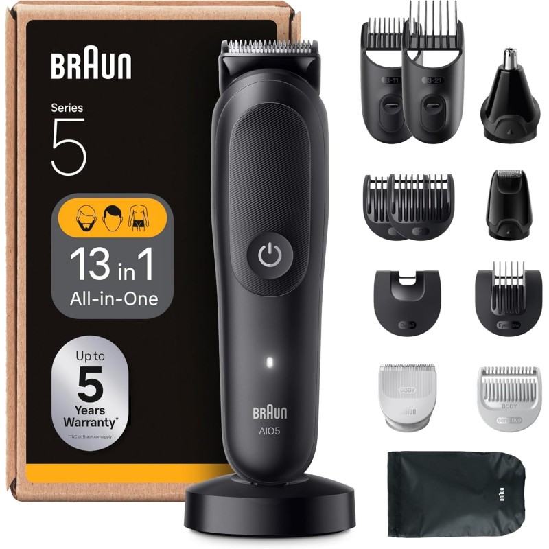 Braun Recortadora AIO5565, 13en1 Para Barba, Pelo, Orejas, Nariz y Cuerpo, 120 Min, Cortapelos Hombre