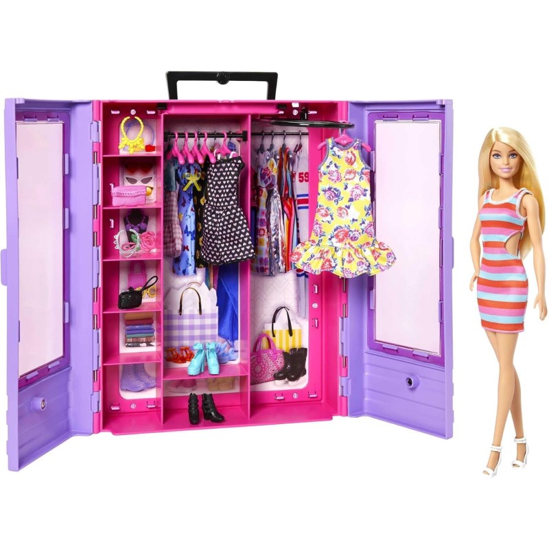 Barbie Fashionista Armario portátil para Ropa, Incluye 3 Looks completos, 6 Perchas y muñeca +3 años Mattel HJL66