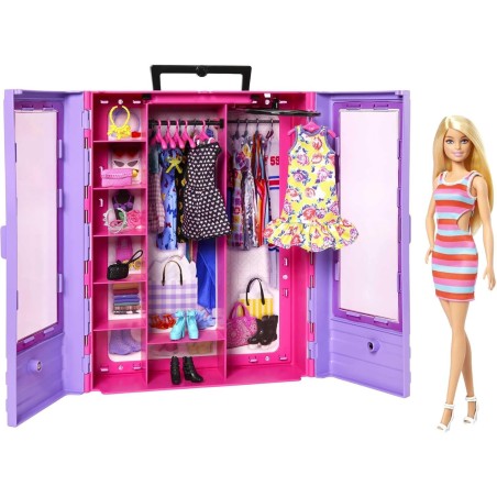 Barbie Fashionista Armario portátil para Ropa, Incluye 3 Looks completos, 6 Perchas y muñeca +3 años Mattel HJL66