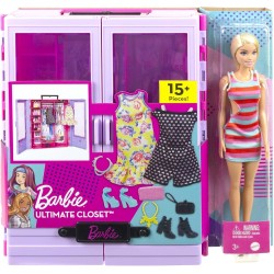 Barbie Armario portátil para Ropa de muñeca, Incluye 3 Looks completos, 6 Perchas y muñeca +3 años Mattel HJL66