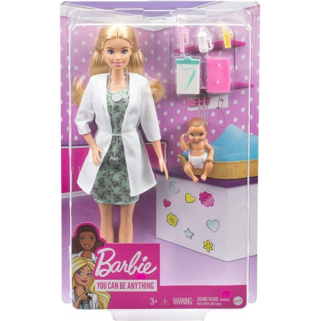 Barbie Doctora pediatra, Muñeca rubia con bebé de juguete y accesorios de consulta Mattel GVK03 edad +3 años