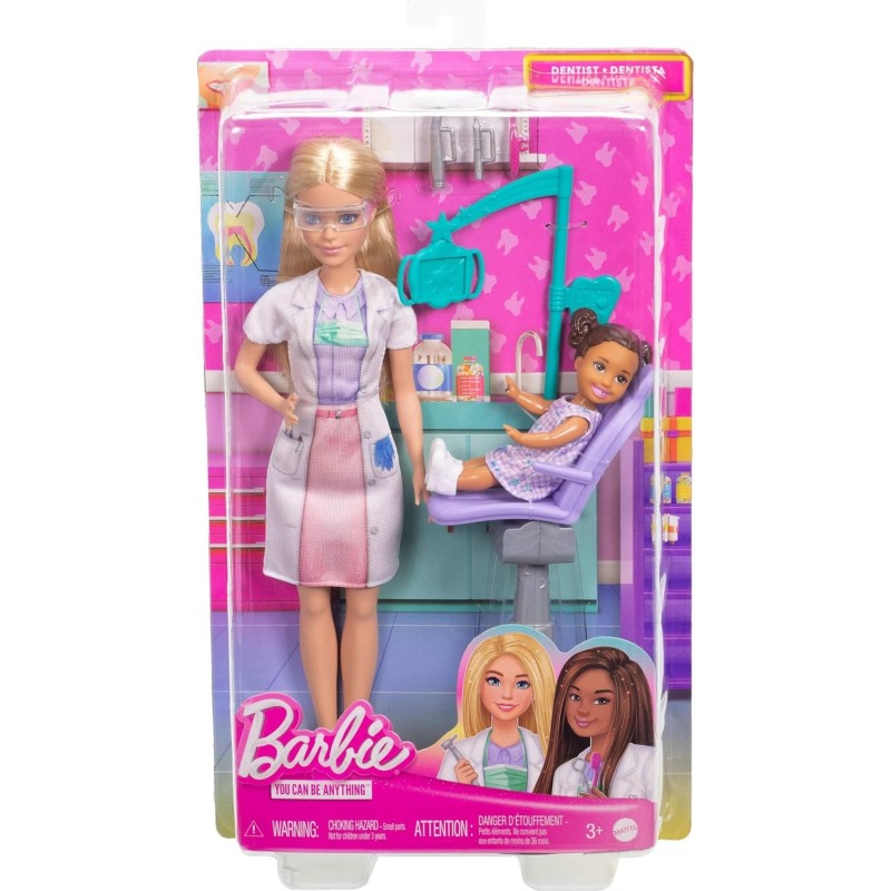 Barbie Dentista Muñeca, con vestido azul y bata de médico, 1 muñeca de niña, mobiliario médico y accesorios, JCR74