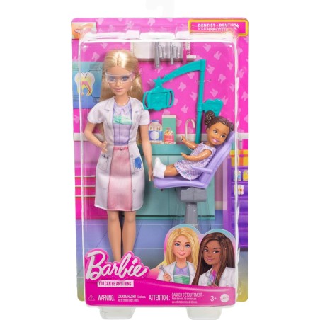 Barbie Dentista Muñeca, con vestido azul y bata de médico, 1 muñeca de niña, mobiliario médico y accesorios, JCR74