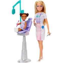 Barbie Dentista Muñeca, con vestido azul y bata de médico, 1 muñeca de niña, mobiliario médico y accesorios, JCR74