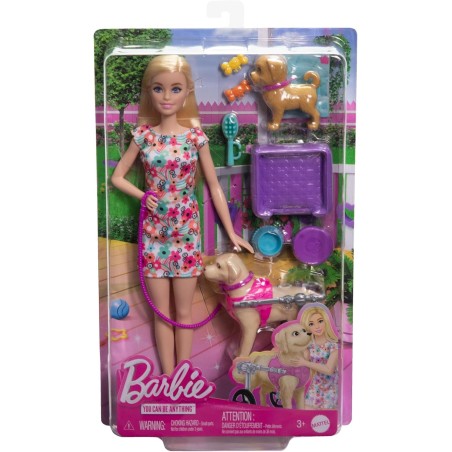Barbie Muñeca Rubia paseadora de Perro con Silla de Ruedas extraíble, con 2 Mascotas y Accesorios, Juguete +3 años Mattel HTK37