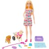 Barbie Muñeca Rubia paseadora de Perro con Silla de Ruedas extraíble, con 2 Mascotas y Accesorios, Juguete +3 años Mattel HTK37