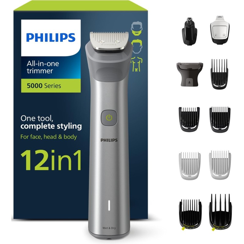 Philips Recortadora de Barba, Máquina Cortar Pelo, Cortapelos Hombre, Kit 12 en 1 Para Cara, Pelo, Orejas, Nariz y Cuerpo,120min