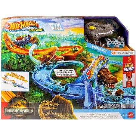 Hot Wheels RacerVerse Jurassic World Choque y zambullida, carrera jurásica contra el espinosaurio, JFP32 Mattel incluye coche