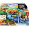 Hot Wheels RacerVerse Jurassic World Choque y zambullida, carrera jurásica contra el espinosaurio, JFP32 Mattel incluye coche