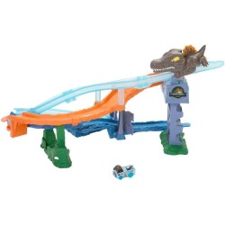 Hot Wheels RacerVerse Jurassic World Choque y zambullida, carrera jurásica contra el espinosaurio, JFP32 Mattel incluye cochez