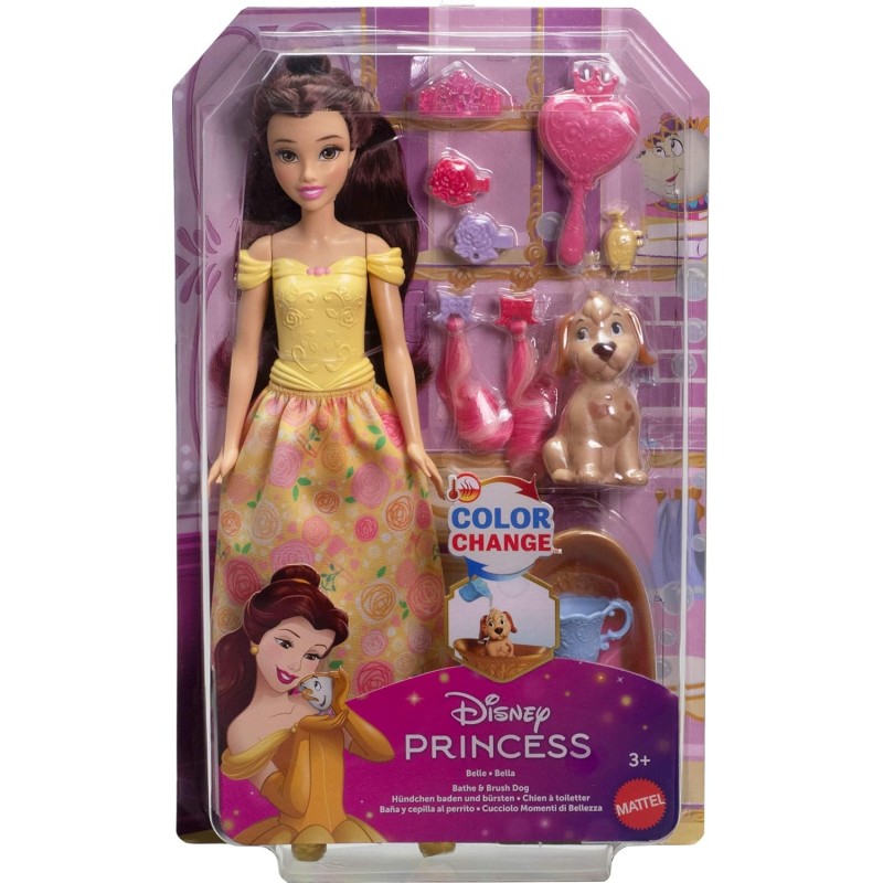 Mattel Disney Muñeca Princesas Bella de la Bellay la bestia Baña y cepilla al Perrito, JFC42 edad +3 años