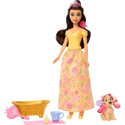 Mattel Disney Muñeca Princesas Bella de la Bellay la bestia Baña y cepilla al Perrito, JFC42 edad +3 años