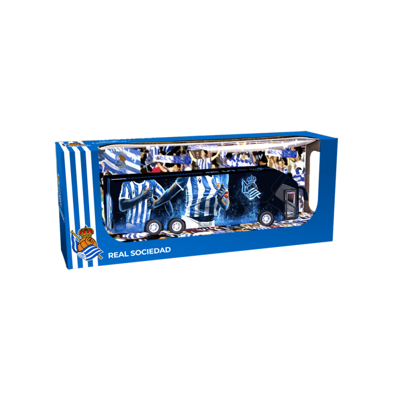 Réplica del autobús del Real Sociedad. ¡Apertura de puertas laterales y retrofricción! producto oficial longitud 20cm