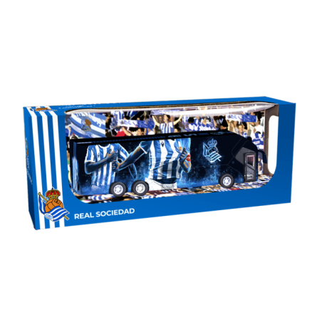 Réplica del autobús del Real Sociedad. ¡Apertura de puertas laterales y retrofricción! producto oficial longitud 20cm