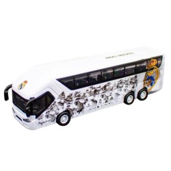 Réplica del autobús Real Madrid Club de Fútbol. ¡Apertura de puertas laterales y retrofricción! producto oficial longitud 20cm
