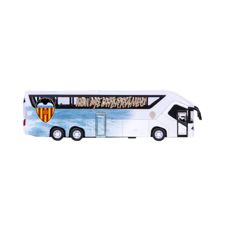Réplica del autobús Valencia Club de Fútbol. ¡Apertura de puertas laterales y retrofricción! producto oficial longitud 20cm