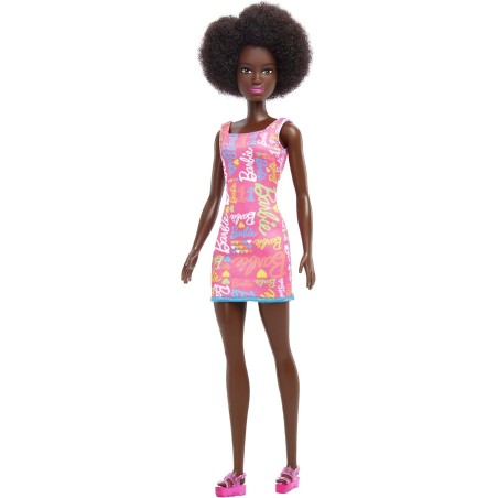 Muñeca Barbie básica morena pelo rizado afro con vestido rosa Mattel edad +3 años HGM58