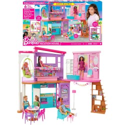 Barbie Casa de muñecas Malibú plegable 2 pisos con 6 habitaciones y muebles, 30 accesorios, +3 años Mattel HCD50
