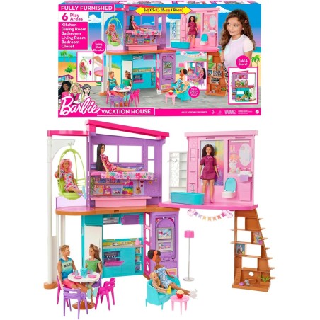 Barbie Casa de muñecas Malibú plegable 2 pisos con 6 habitaciones y muebles, 30 accesorios, +3 años Mattel HCD50