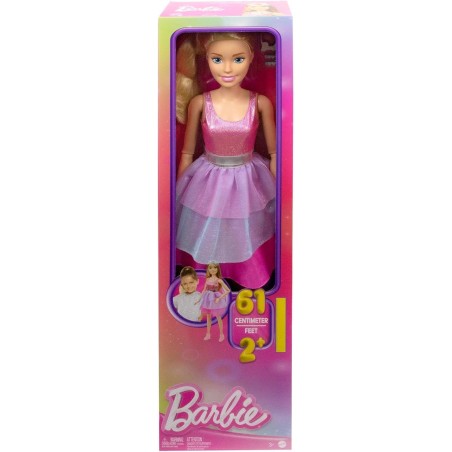Barbie Muñeca Grande con Cabello Rubio, 71 cm de Alto, con Vestido Rosa y Accesorios, +3 años Mattel HJY02