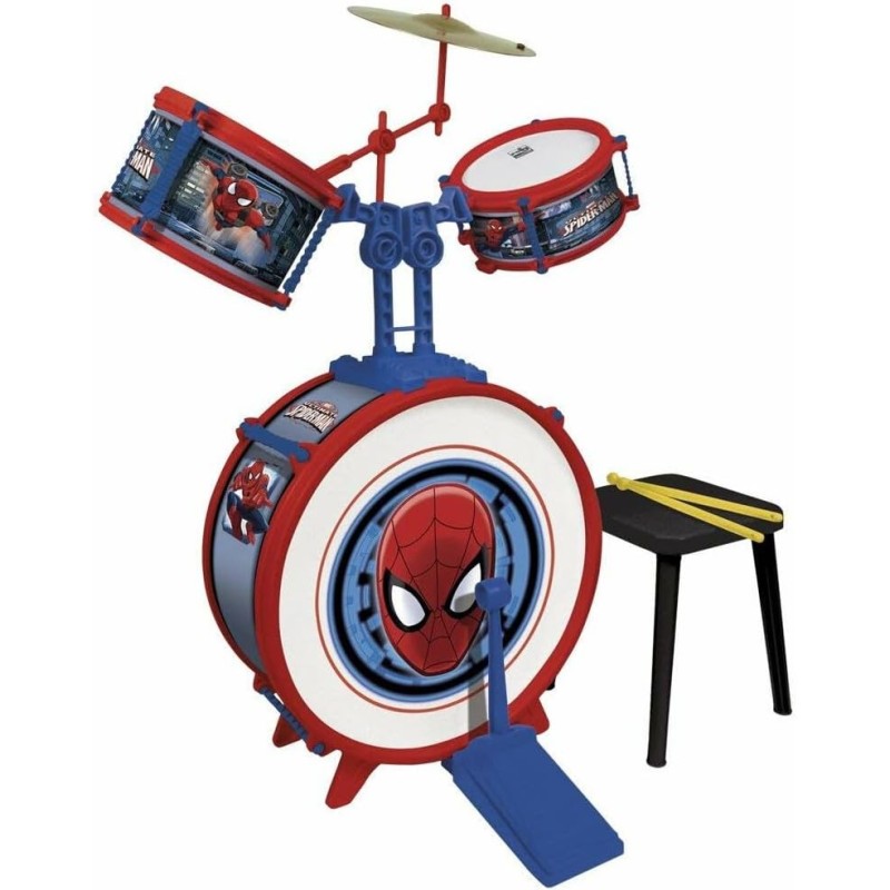 Batería música Spiderman,2 tambores con bombo platillo silla y baquetas edad +3 años