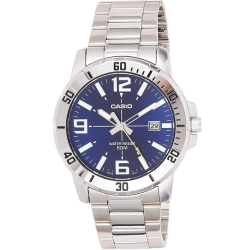 Reloj Casio Caballero MTP-VD01D-2B correa acero plateada esfera azul con números y calendario